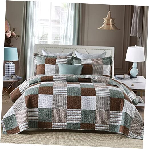 Quilt Set Queen Size, 100% Cotton Queen Quilt, Brown Green White Patchwork