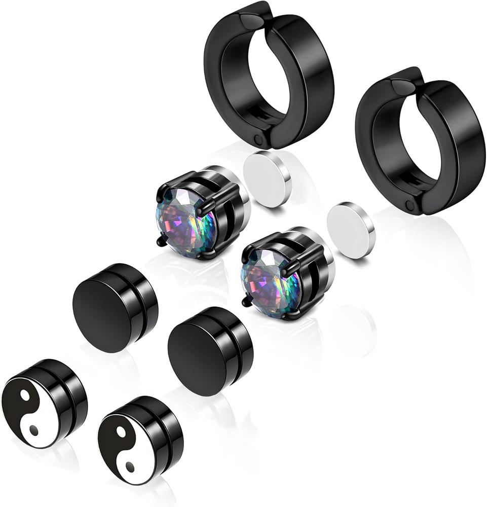 4 Pairs Black Earrings for Men, Titanium Screw Back Surgical Stainless Steel ...