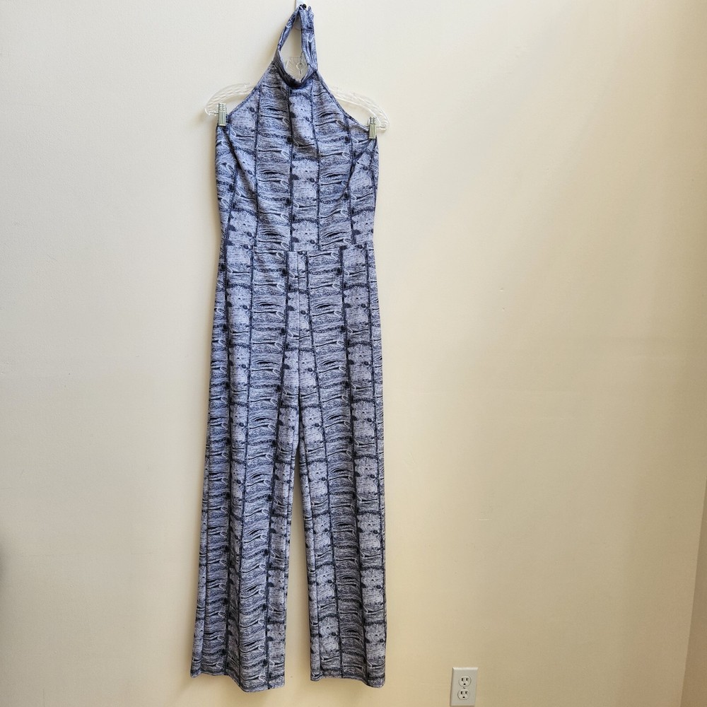 Fashion Nova Jumpsuit Women L Marmoreal Gray Abstract Halter Wide Leg Streetwear