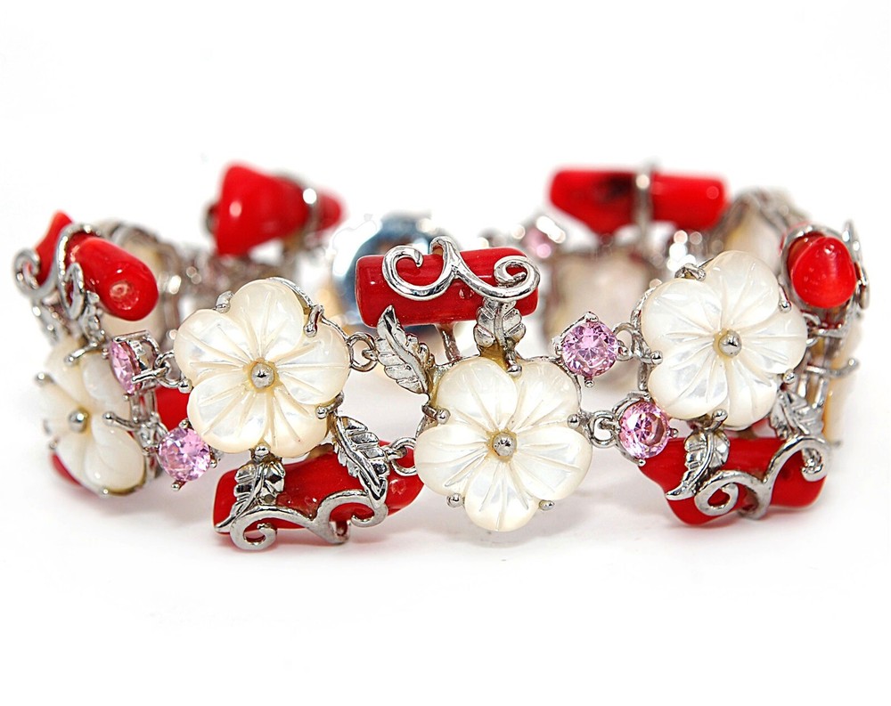 Elegant Flower Carved Orange Carnelian 925 Sterling Silver Tennis Bracelet NS973