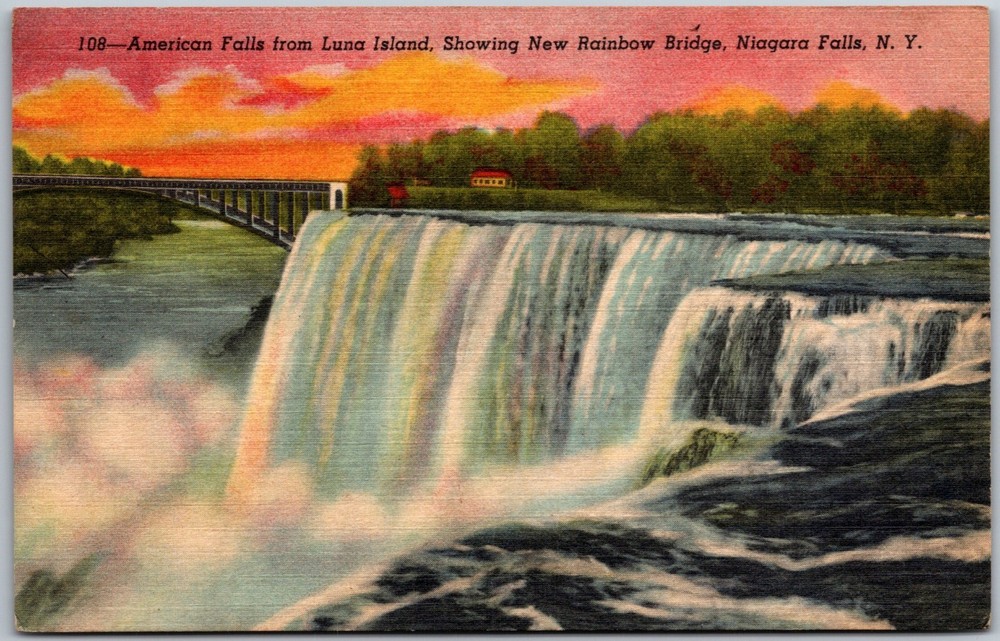 Vintage Postcard American Falls Luna Island Rainbow Bridge Niagara Falls NY H875