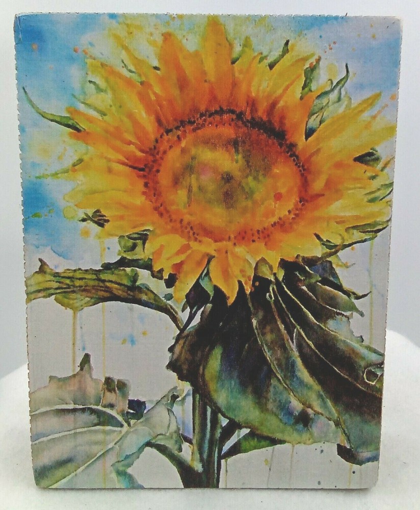 Sunflower Yellow Orange Wood Box Sign Green Stem Leaves Blue Skies 6x8x1.75