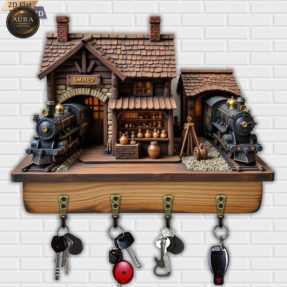 30cm Wall Keychain - Retro Train Station Organizer 2D 4 Hooks Entrance