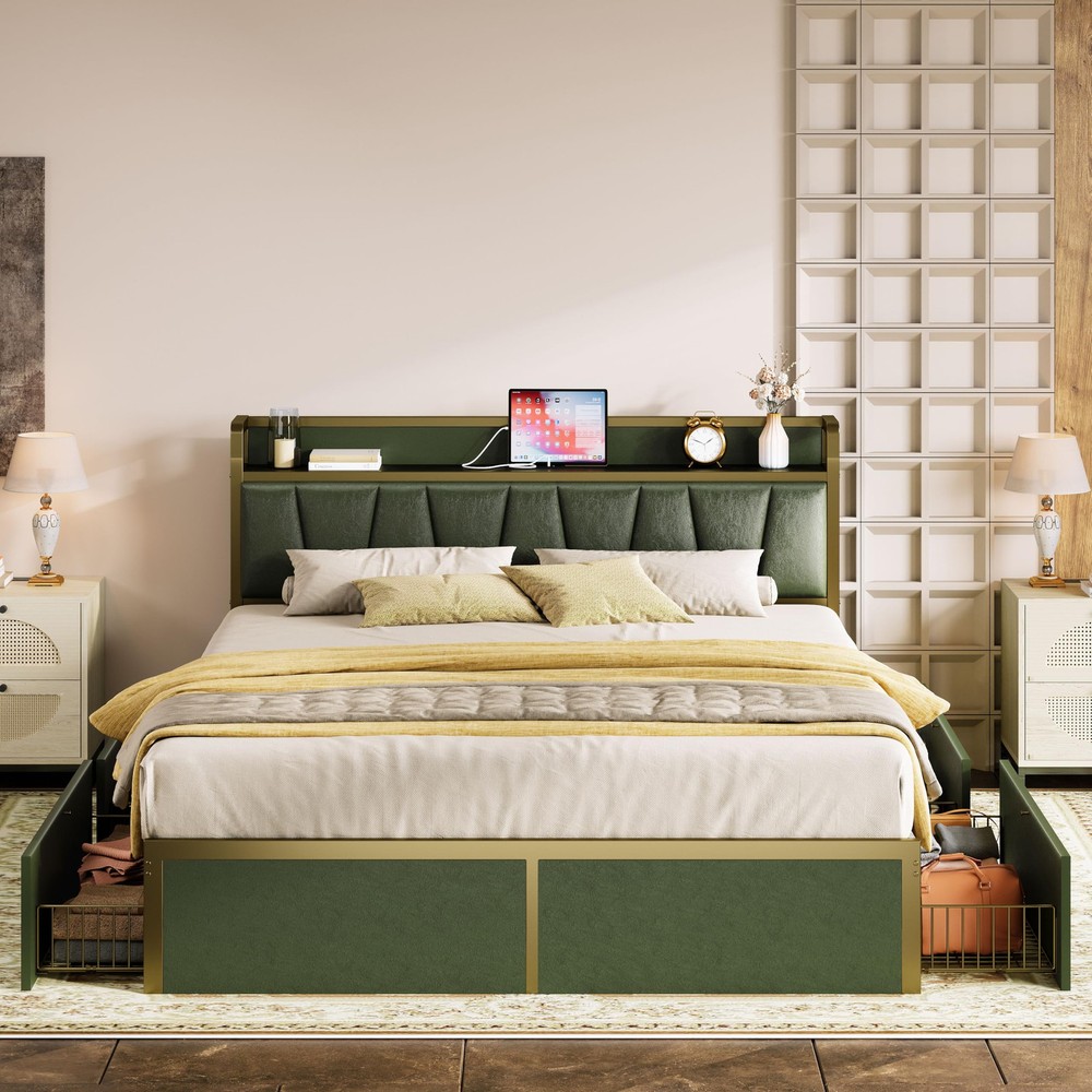 Queen Bed Frame with Storage Drawers and USB Charging Headboard