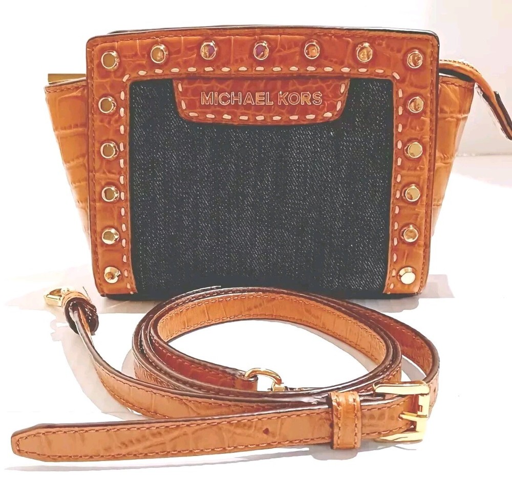 Michael Kors Selma Mini Crossbody Bag in Camel Embossed Leather with Studded Denim Accents