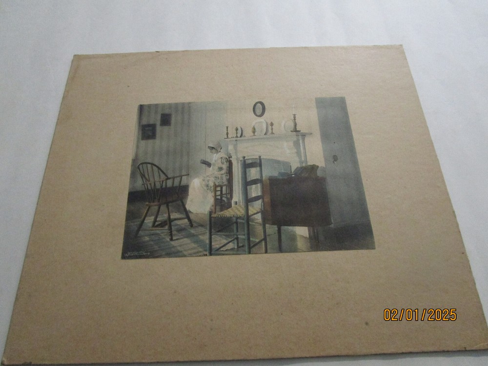 Vintage 1913 Taber Prang Art Co Color Print By The Hearth 14x11.75