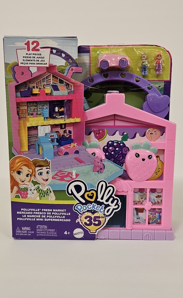 Polly Pocket Pollyville Fresh Market 12 Play Pieces Dolls Carry Case Food Car ++