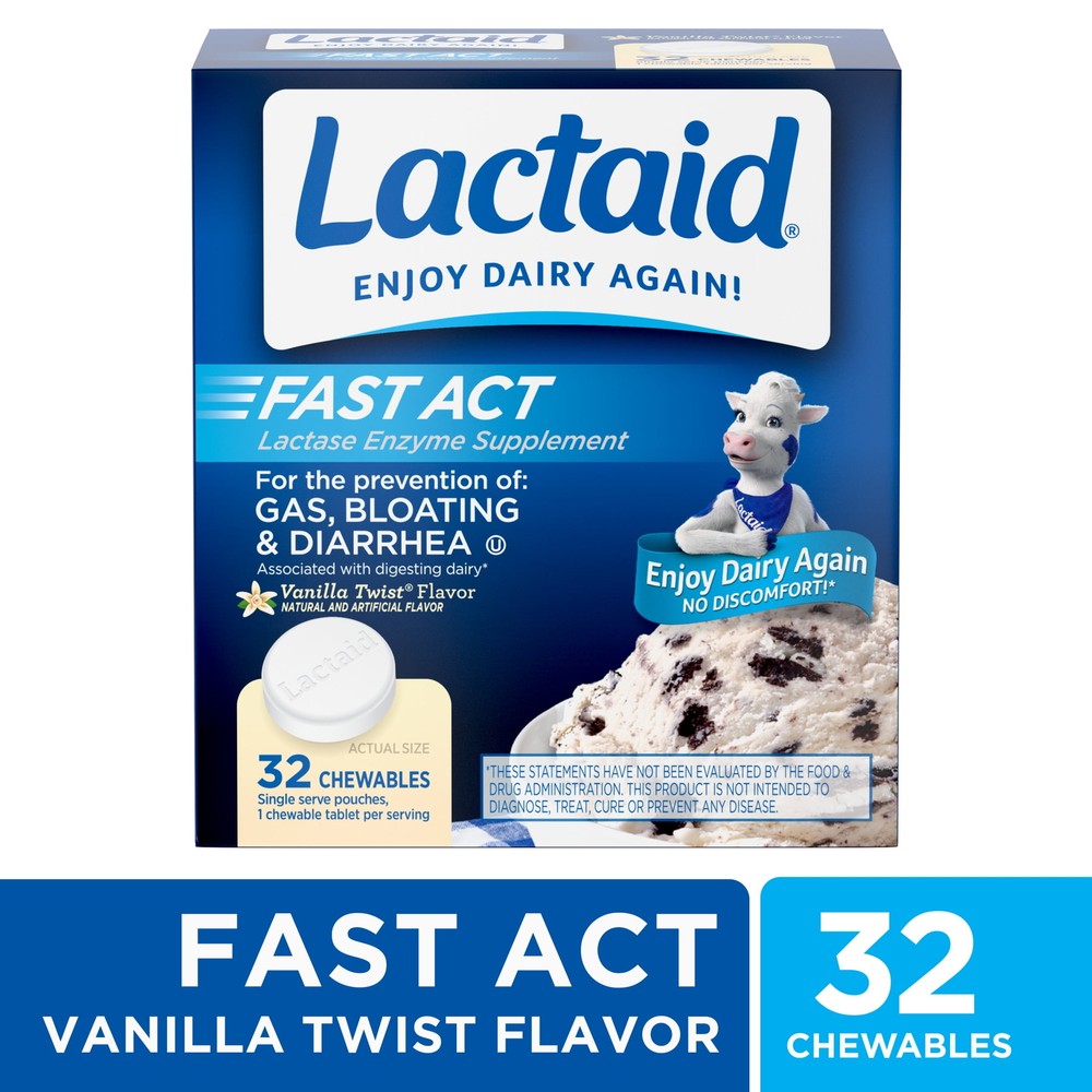 Lactaid Fast Act Lactose Relief Chewables, Vanilla, 32 Packs of 1 Ct