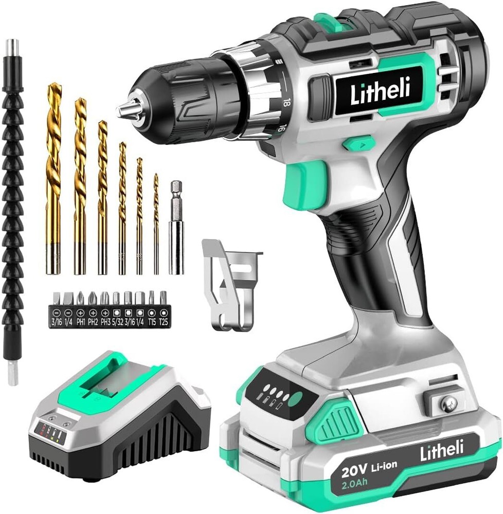 Litheli Cordless Drill Set  3/8” Keyless ...  20V Max Power Drill Cordless Set