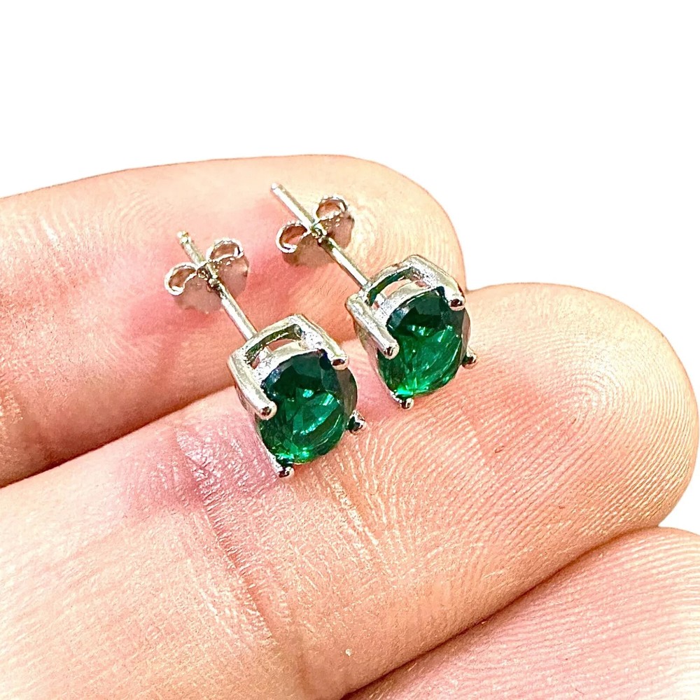 925 Sterling Silver Lab-Created Green Emerald Stud Earrings for Women with Free Shipping