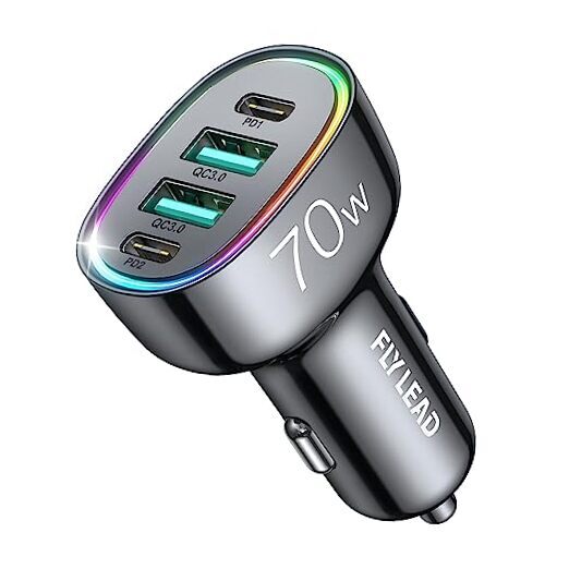 70W Fast Car Charger with 4 Ports Super Black Ideal for Family Travel  