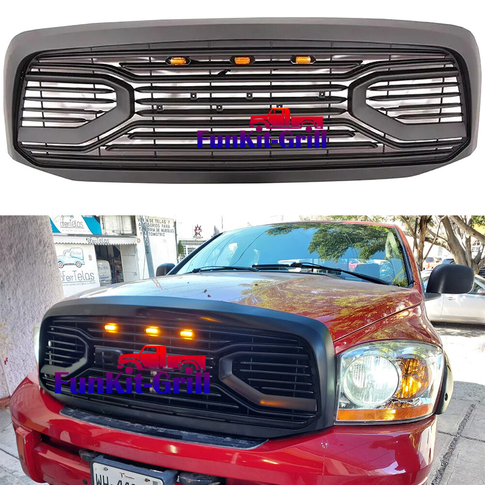 Matte Black Grille Fit For Dodge Ram 1500 2006-2008 Front Bumper Grille W/ 3 LED