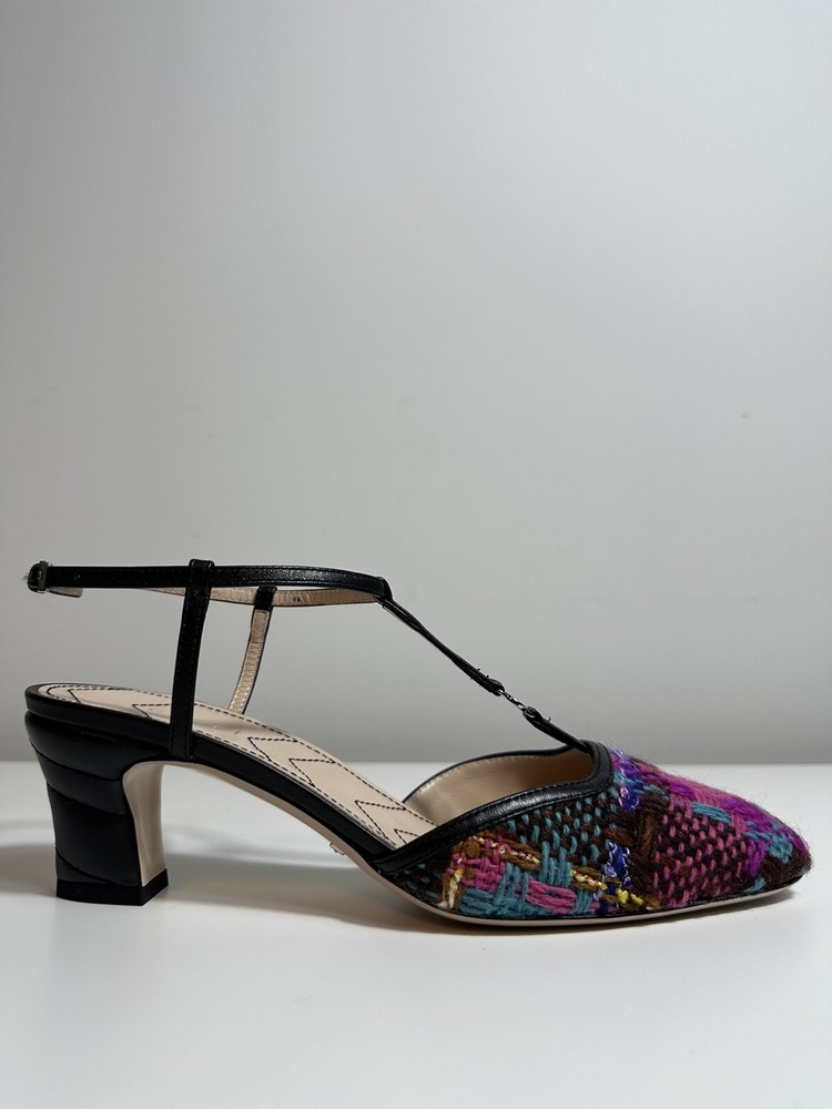Authentic Gucci Marmont T-Strap Tweed Pumps – Pink Multicolor Size 37
