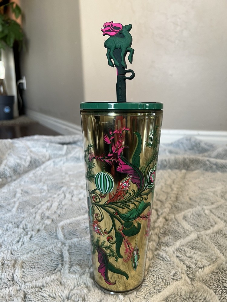 Starbucks 24oz Holiday Reindeer Tumbler with Gold Straw 2024 No Box