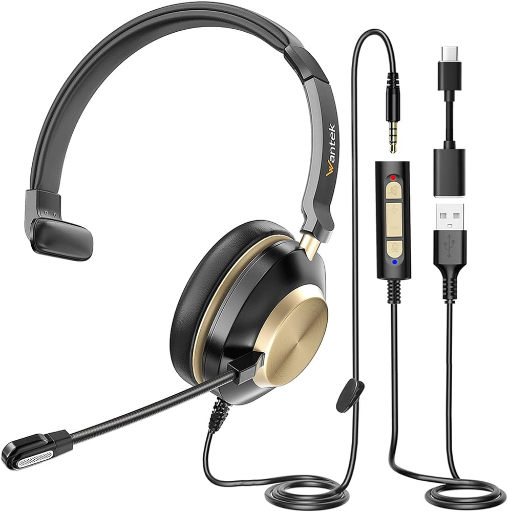 Wantek Wired USB Headset with Noise-Cancelling Microphone, In-Line Controls, PC