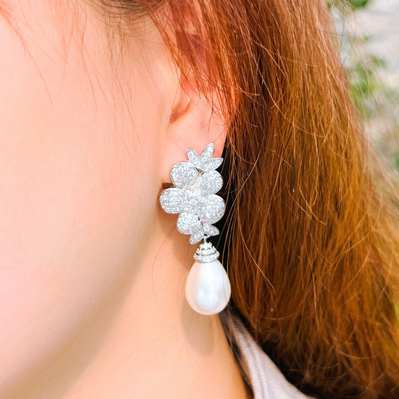 Flower Long Drop Pearl Earrings Women Silver Plated Cubic Zircon Wedding Jewelry