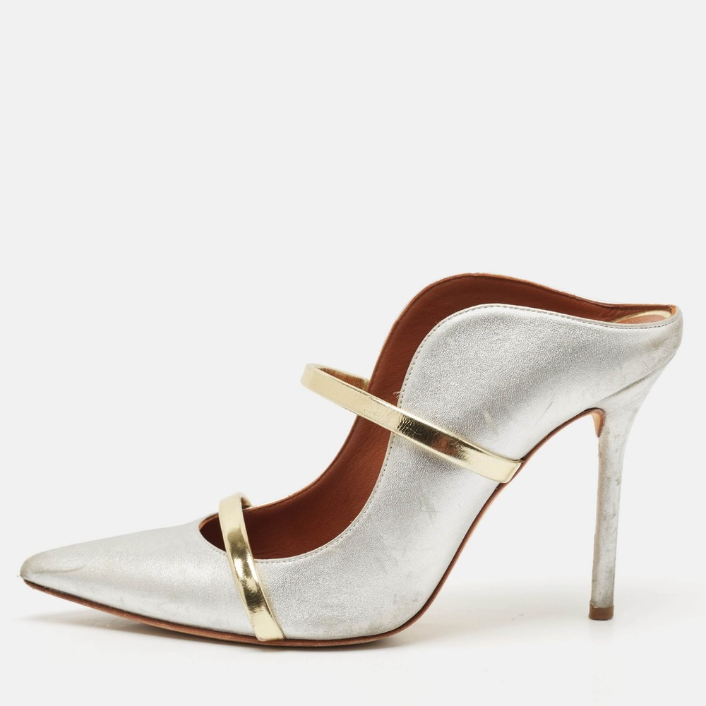 Malone Souliers GoldSilver Leather Maureen Pointed Toe Mules Sandals Size 37.5