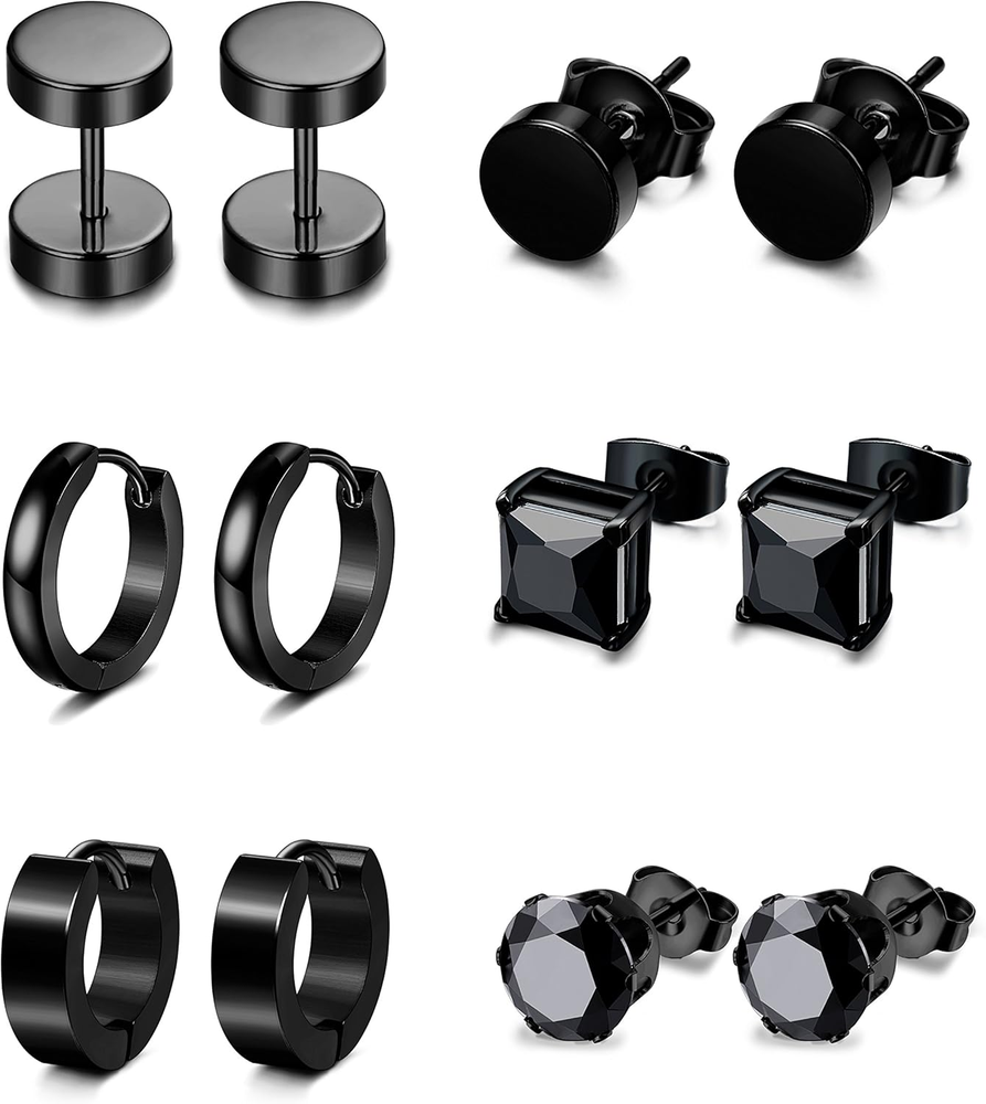 Stainless Steel CZ Stud Huggie Hoop Earrings Set for Women and Men - 6 Pairs  