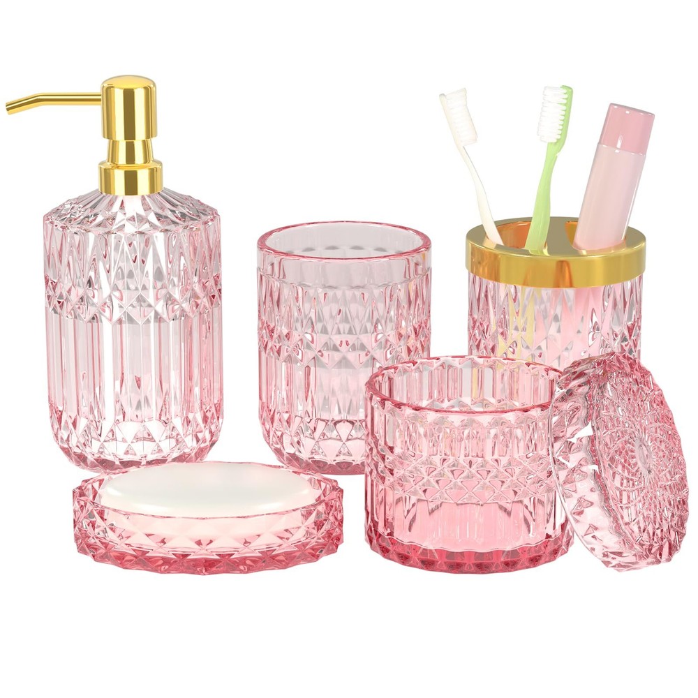 Newest Pink Bathroom Accessories Set 5 Pcs Glass Bathroom Decor With Soap Dispen