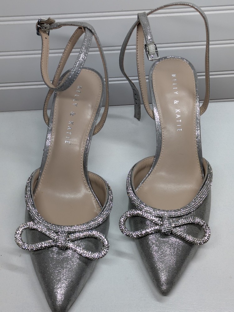 Kelly & Katie Silver High Heels With Bling Bow & Ankle Strap SZ 8.5
