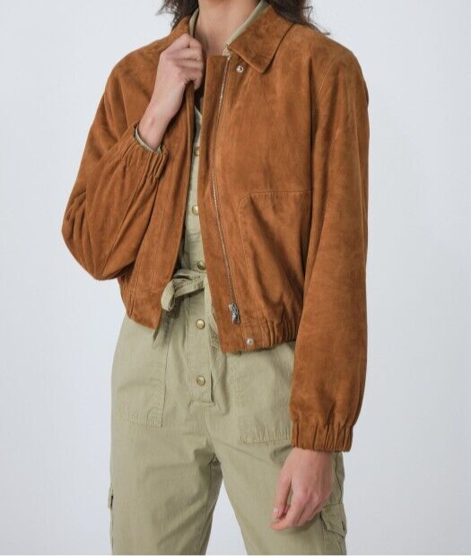 Women's Real Suede Leather Bomber Jacket Brown Suede Classic Coat Vintage jacket