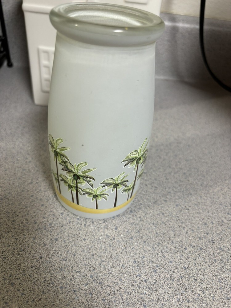 GOGO Glass Milk Jug Vase with Colorful Palm Trees 5.5 Inch White