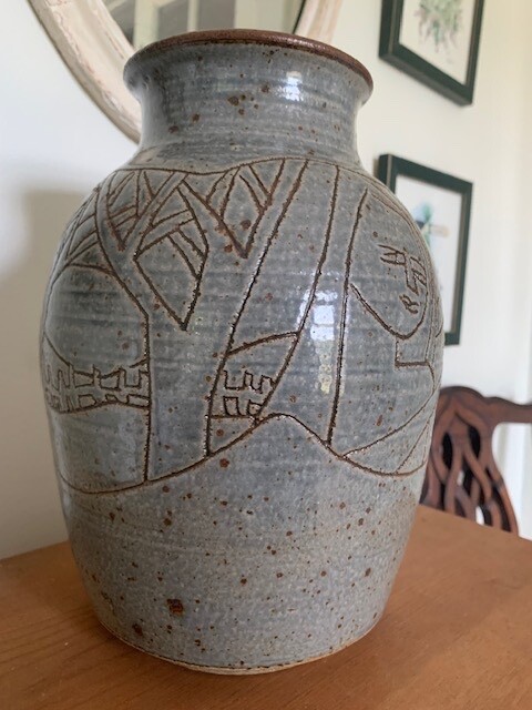 LARGE North Carolina Art Pottery Scenic Stoneware Vase!  