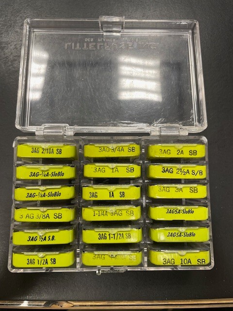 Vintage 90-Piece Littelfuse 3AG SloBlo Fuses in Metal Tins & Plastic Case