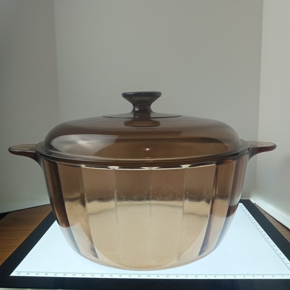 Vtg Vision Corning Ware Pyrex Amber 4.5L 5qt Glass Dutch Oven Stock Pot Lid Usa