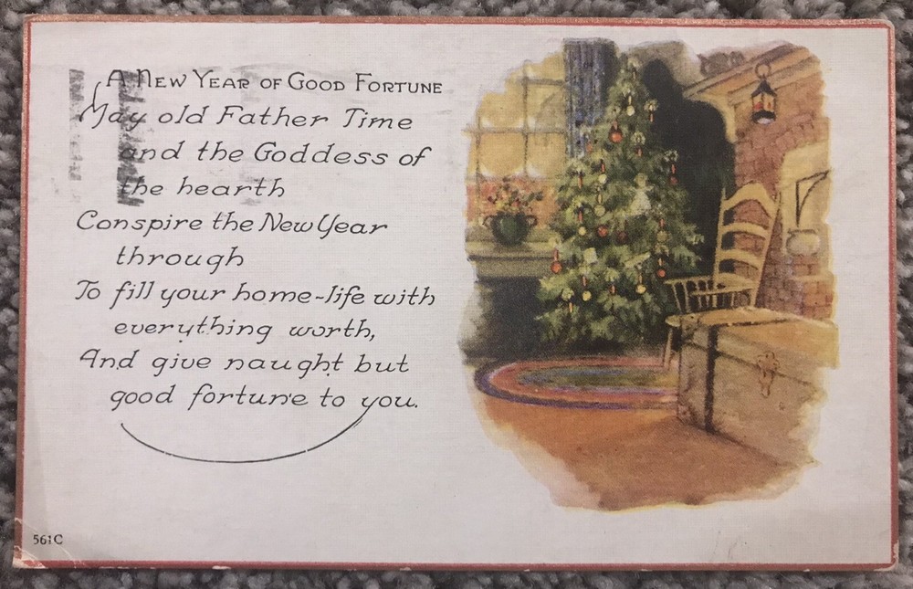 Vintage New Year Postcard with Hearth, Fireplace, and Christmas Tree-image