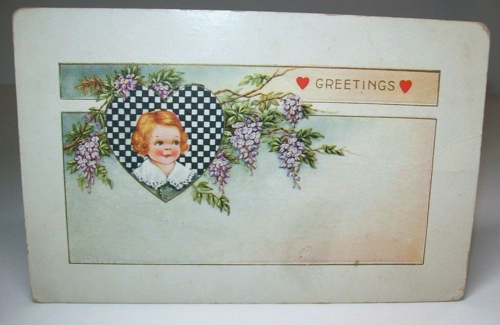Valentine Postcard Greetings Vintage Whitney Girl Inside b/w Checkered Heart