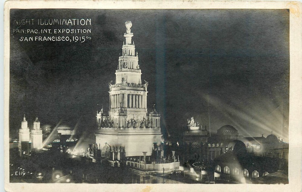 1915 San Francisco California PPIE Expo Night Illumination RPPC Postcard 25-5070