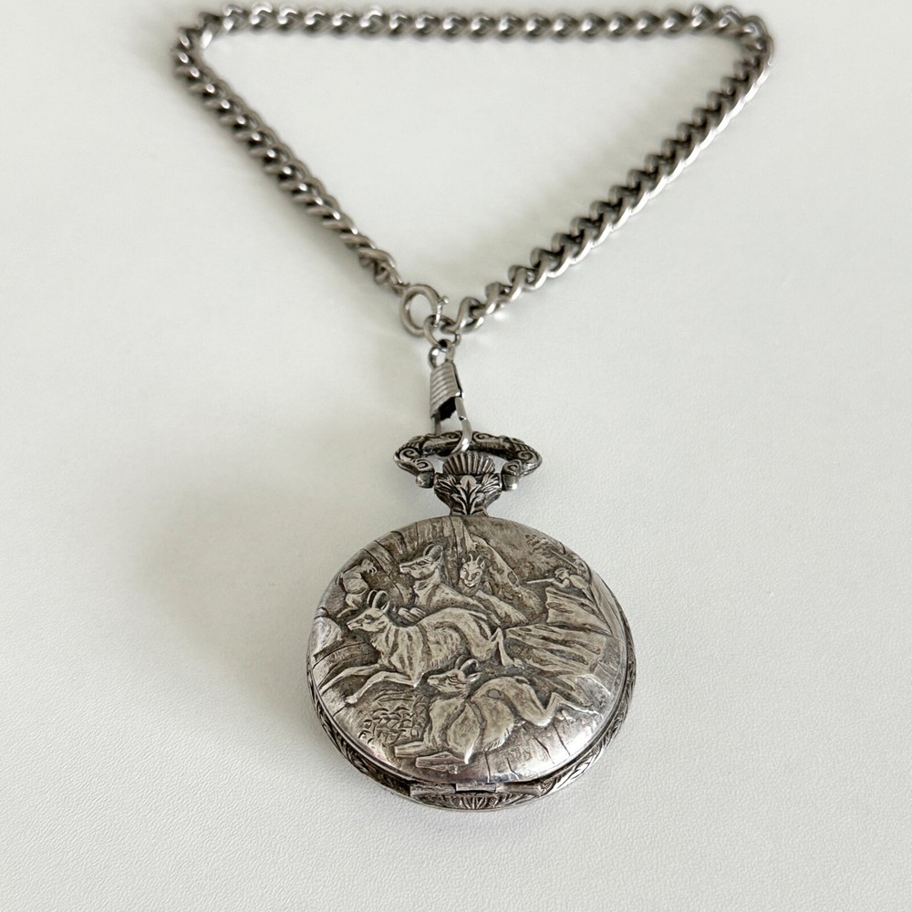 Vintage Silver Tone Antelope Running Scenic Pocket Watch Chain Africa