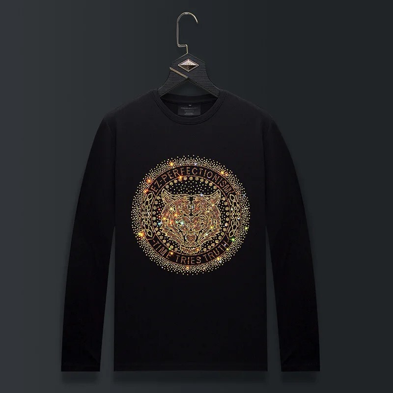 Fashion Tiger Trend Rhinestone Long Sleeve Luxury  Men T-Shirt Plus Size 6XL