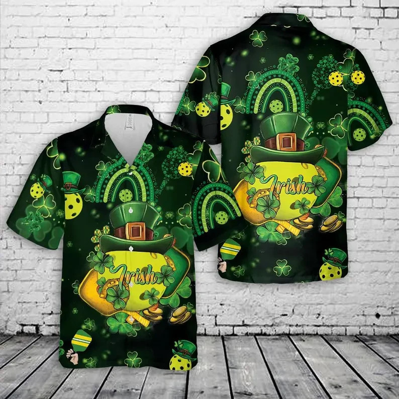 Funny St Patricks Day Pickleball Hawaiian Shirt Lucky Green Aloha Gift Men's
