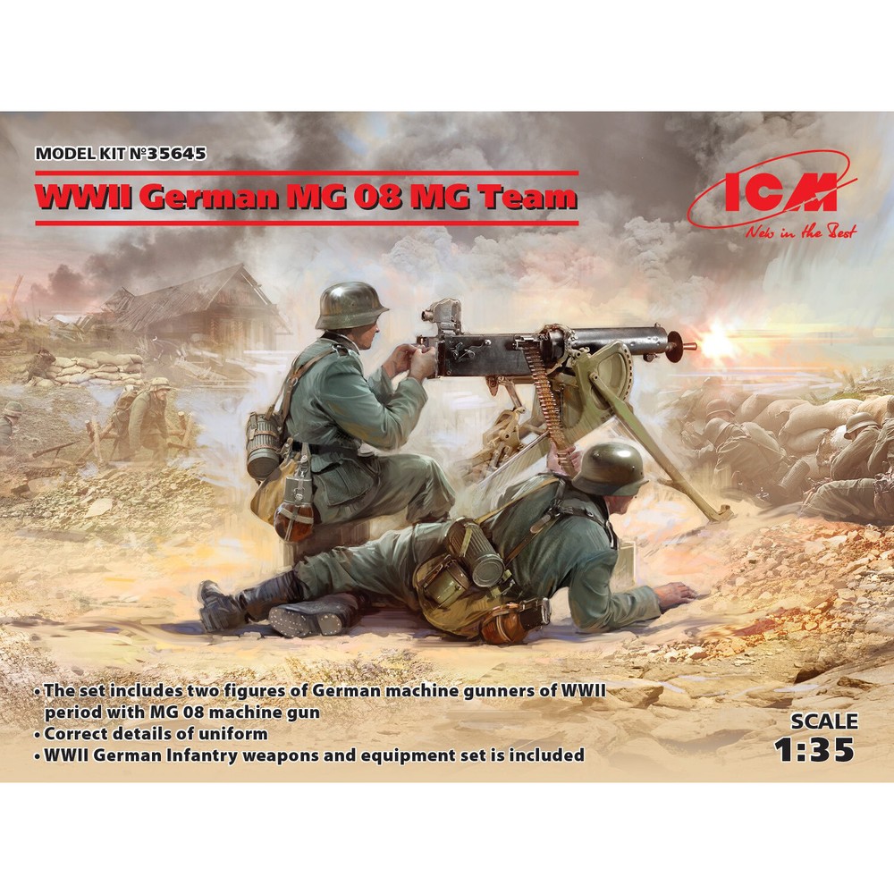 Scale model 1/35 WWII German MG08 MG Team 2 figures. Plastic Model Kit ICM 35645