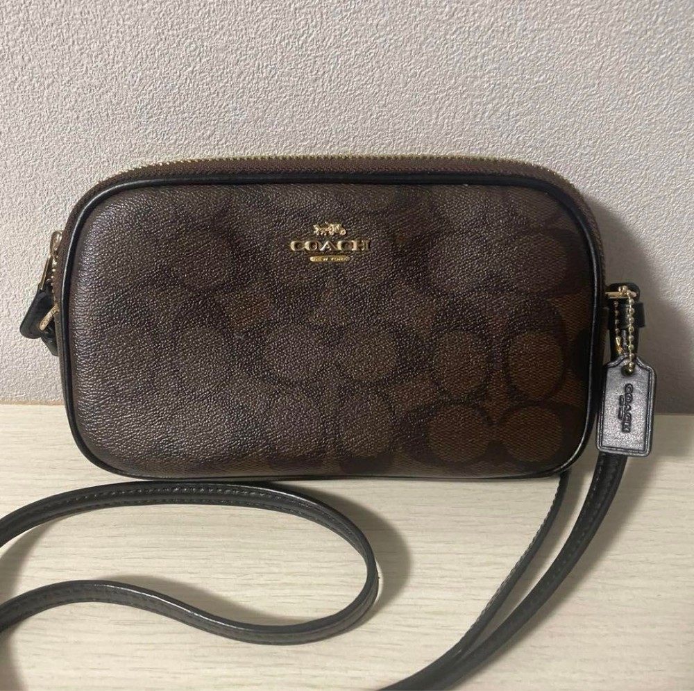 Coach Brown Leather Shoulder Bag with Double Zipper for Camera  