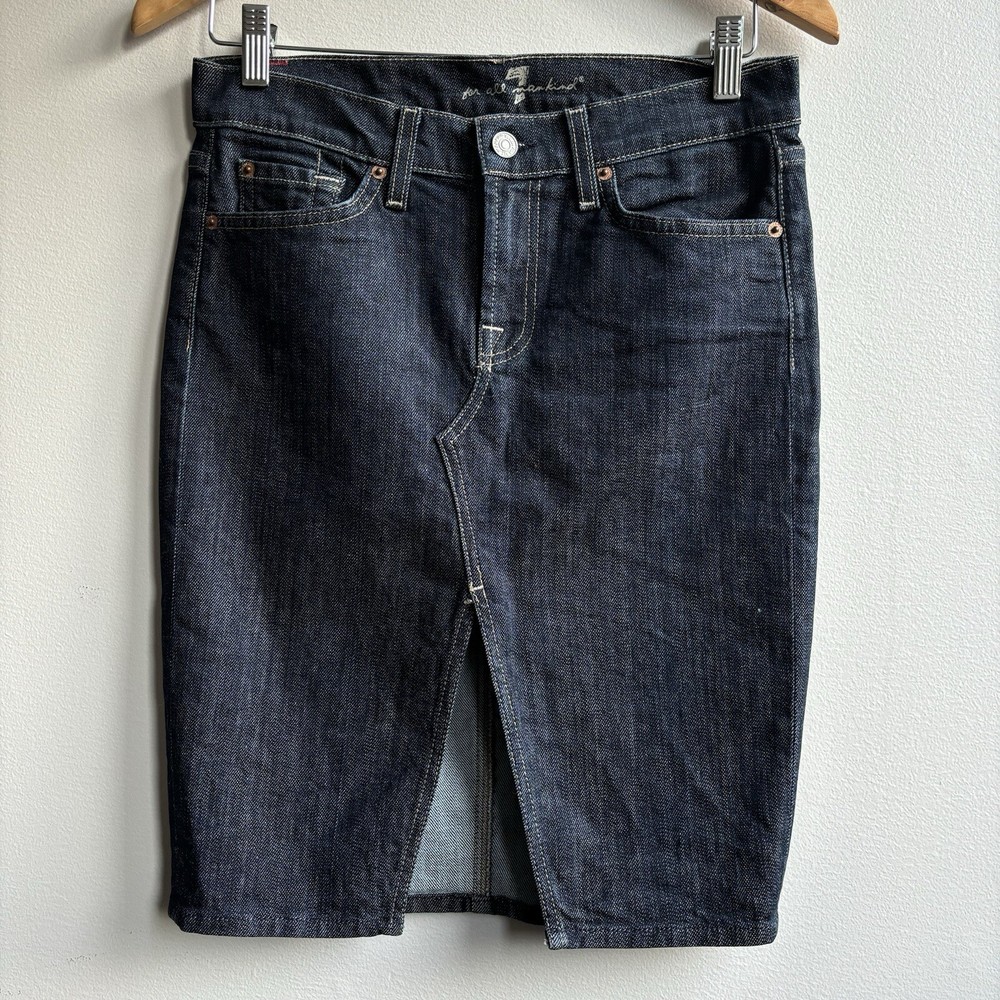 7 for All Mankind Jean Skirt 26 Dark Denim Slit Fitted Western Classic Pencil