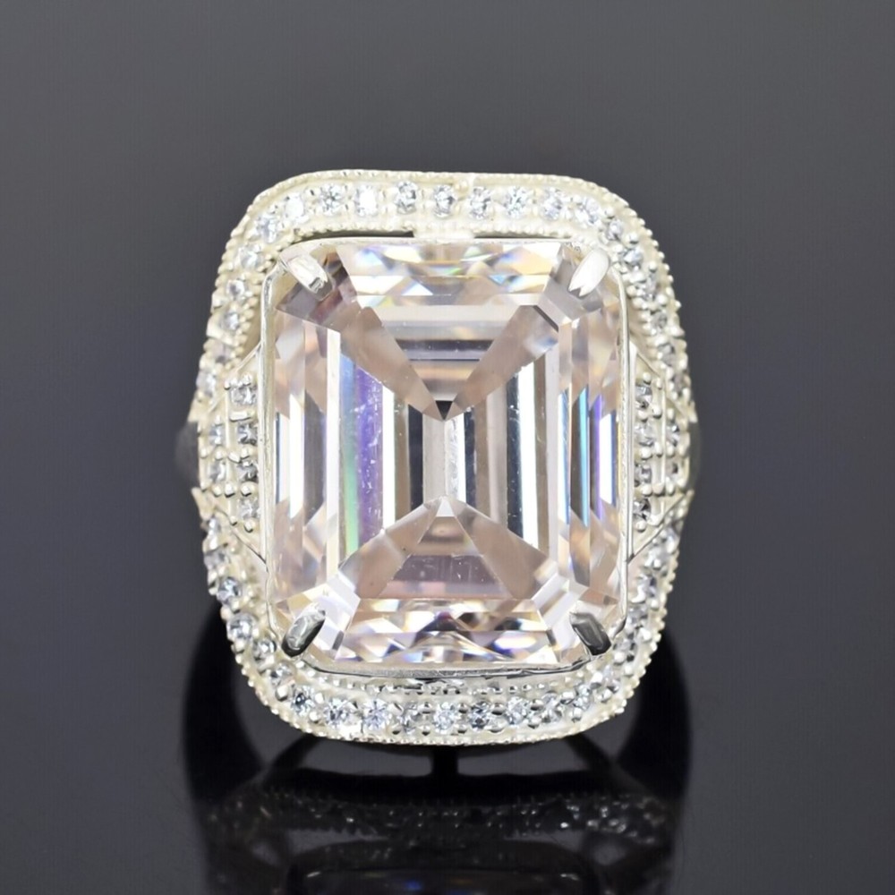 15.20 Ct Emerald Off White Diamond Ring in 925 Sterling Silver Rings