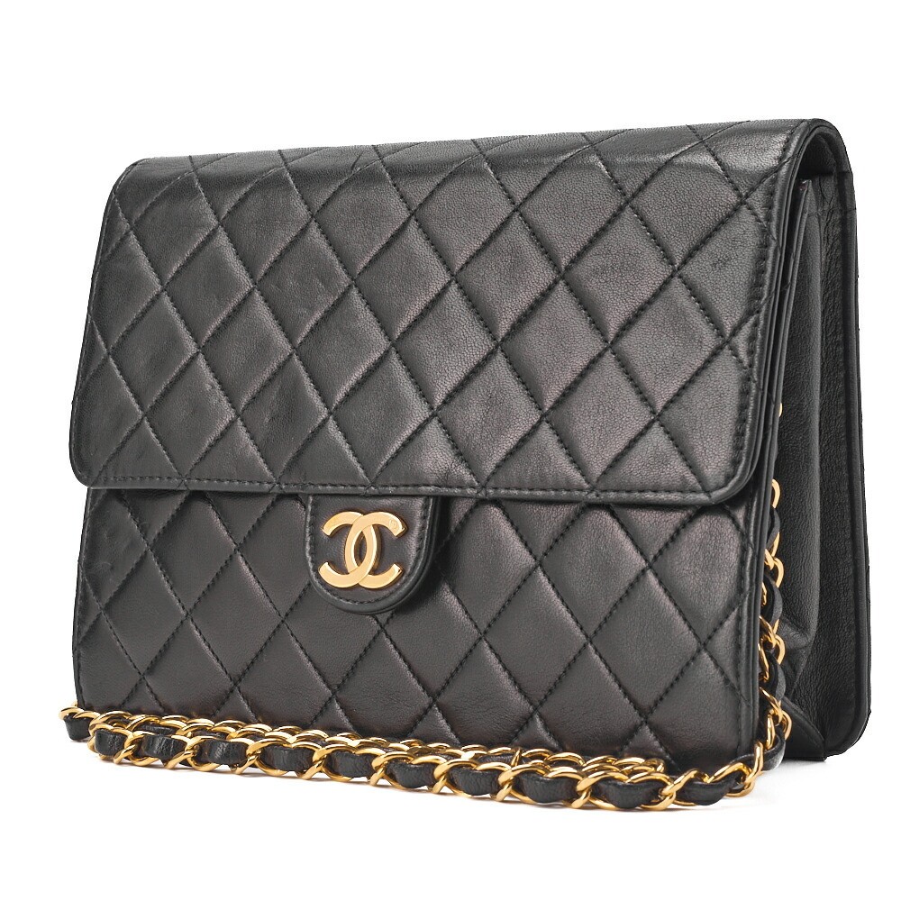 CHANEL Black Lambskin Matelasse Chain Shoulder Bag with Push Lock 108053