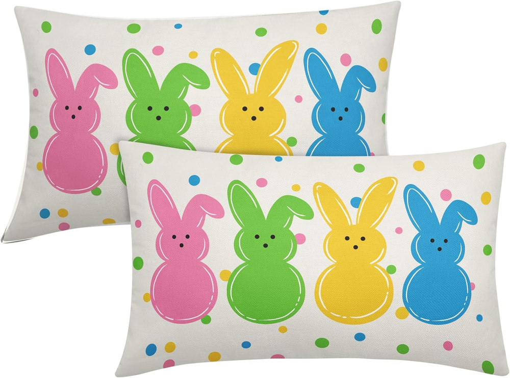 Colorful Polka Dot Easter Bunny Lumbar Pillow Covers 12x20 Inch Peeps Decor