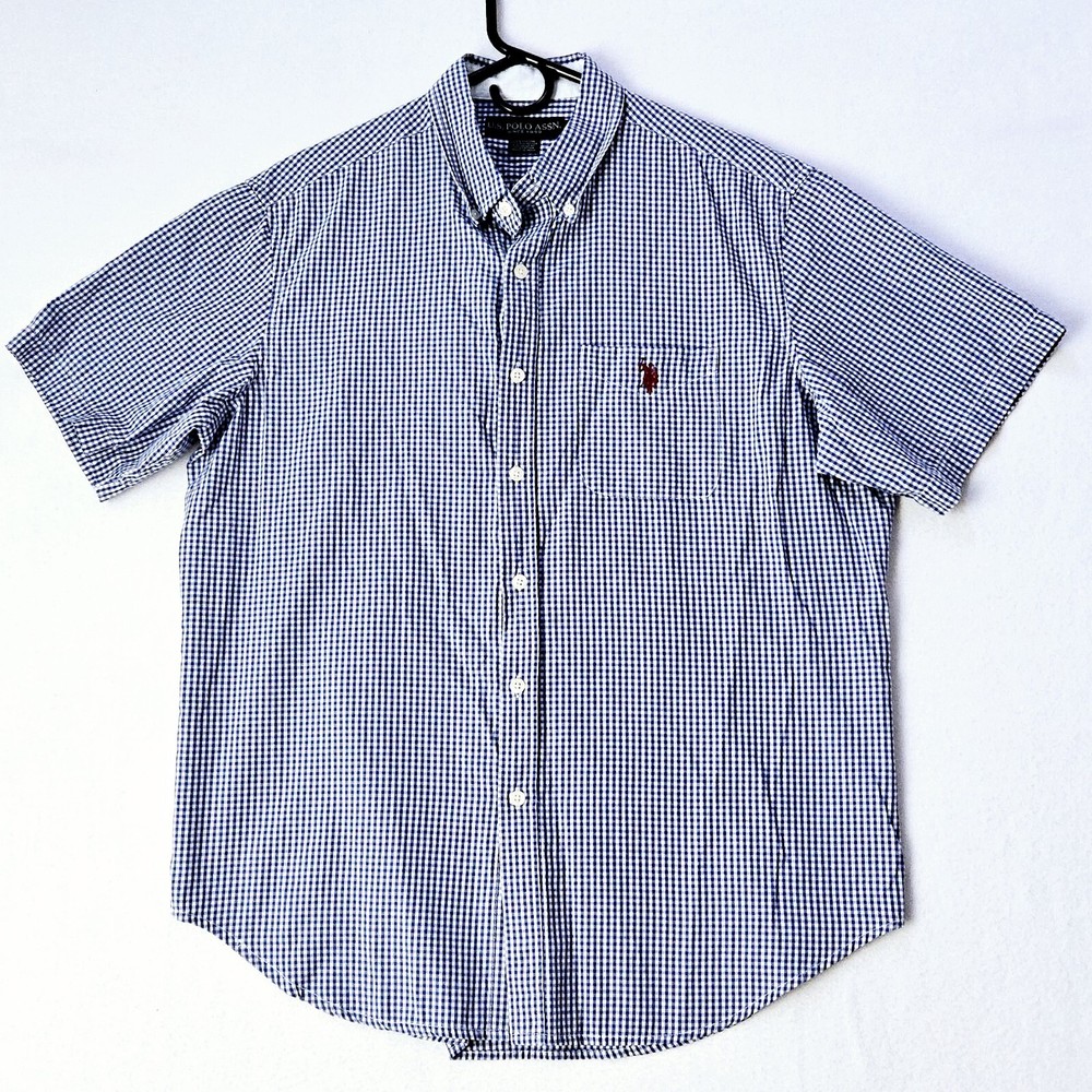 U.S. Polo Assn Blue White Plaid Men Short Sleeve Button Down Shirt Sz M Red Pony