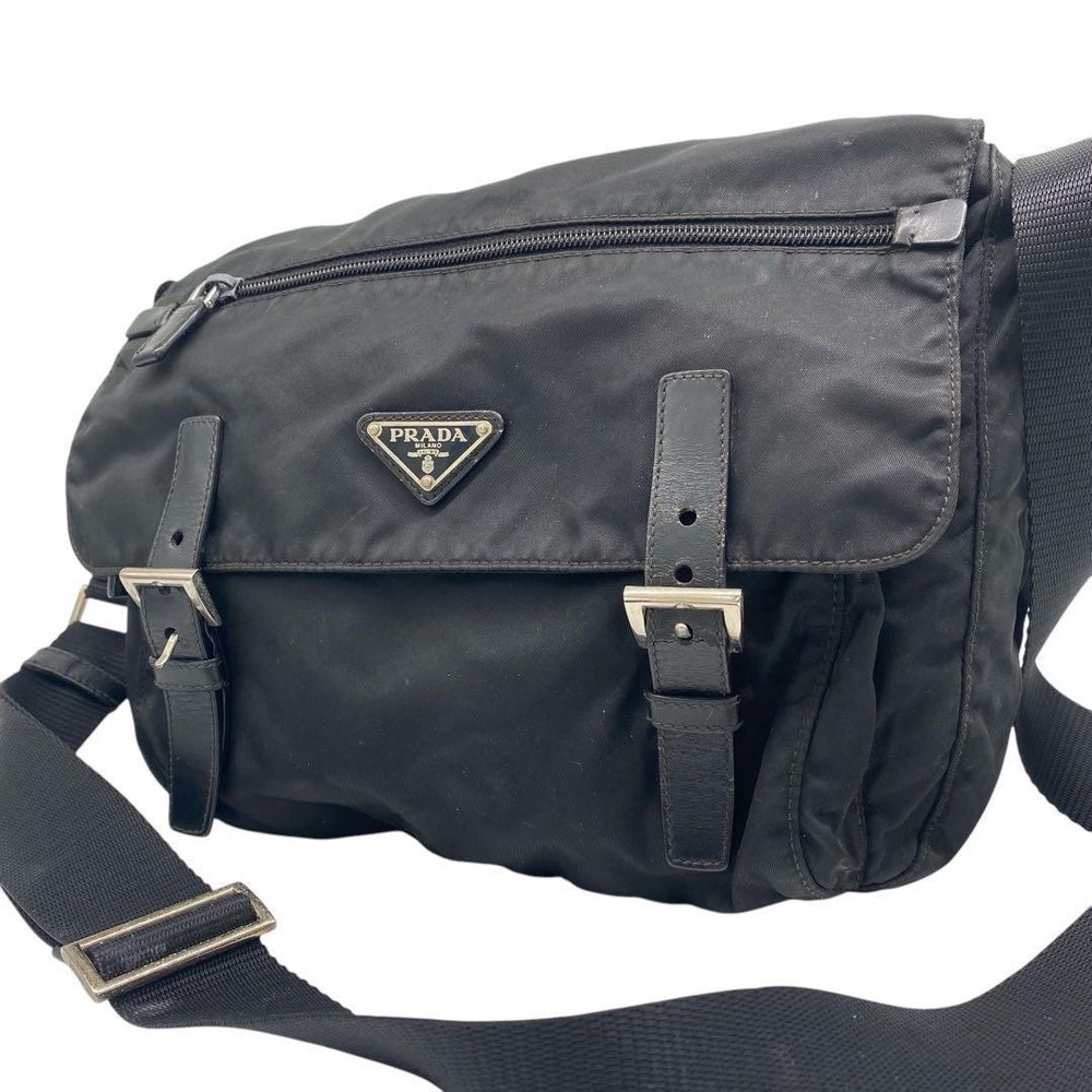 Prada Black Nylon and Leather Messenger Shoulder Bag