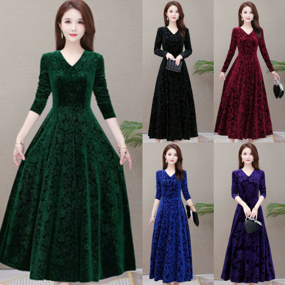 Womens Velvet Long Maxi Dress Lady Long Sleeve Cocktail Party Ball Gown Sundress