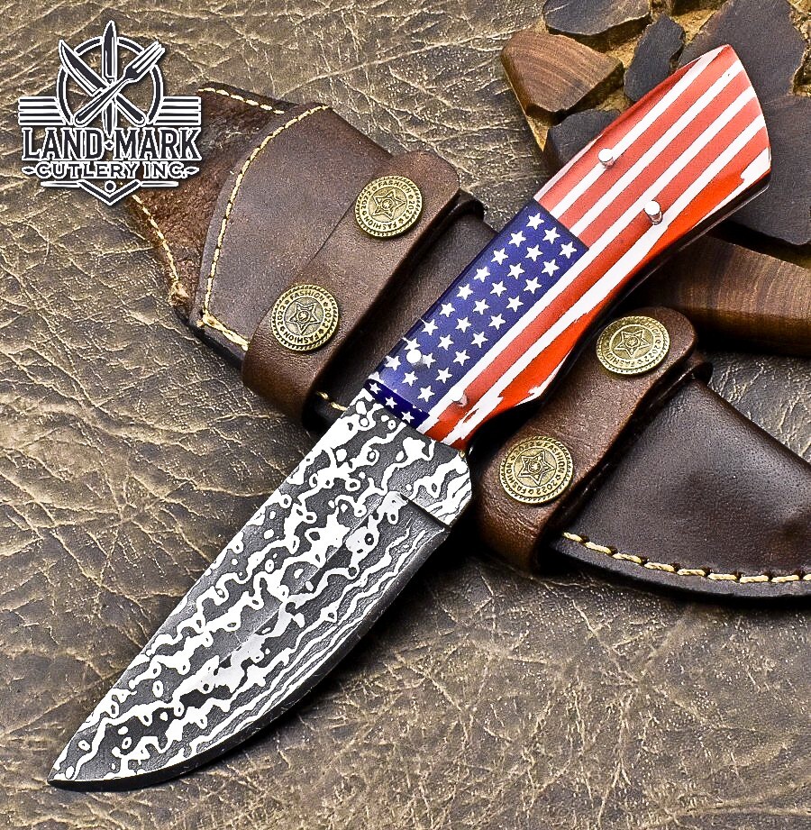 Custom Damascus Hunting Skinner Knife with USA Flag Handle  