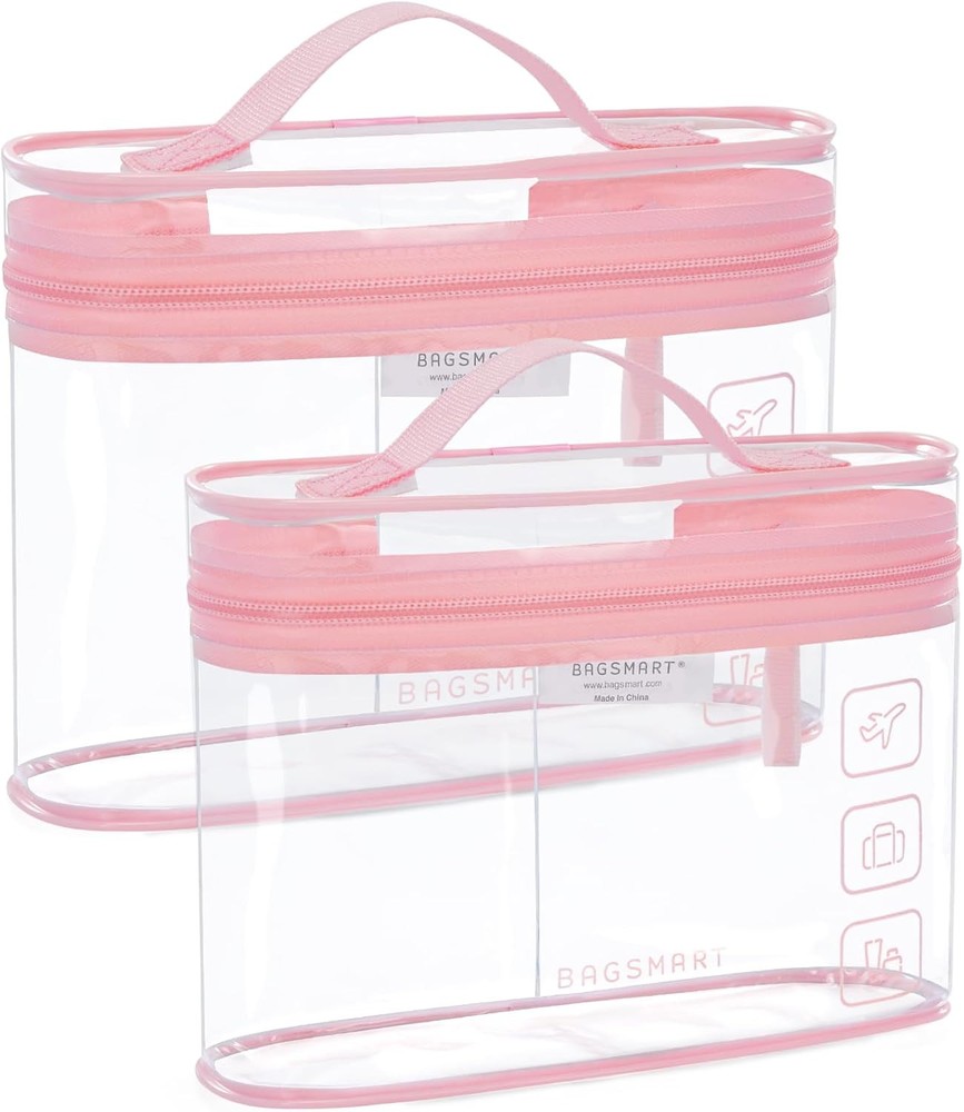 BAGSMART TSA Approved Pink Clear Toiletry and Makeup Bag 2-Pack