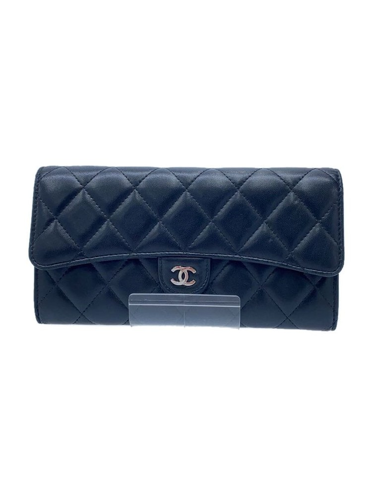 CHANEL Long Flap Wallet Matelassé CC Black Leather F/S Pre-Loved