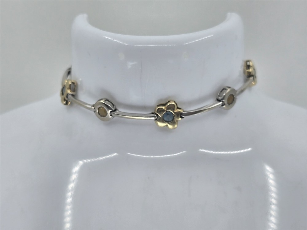 Vintage 14K Gold Citrine Blue Topaz Floral Bar Bracelet 7.25 Inch Elegant