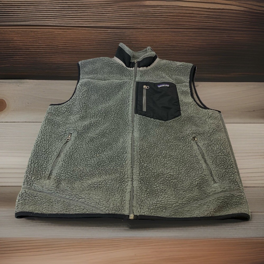 Patagonia Mens Large Gray Sherpa Vest Full Zip Pocket Mock Neck Sleeveless