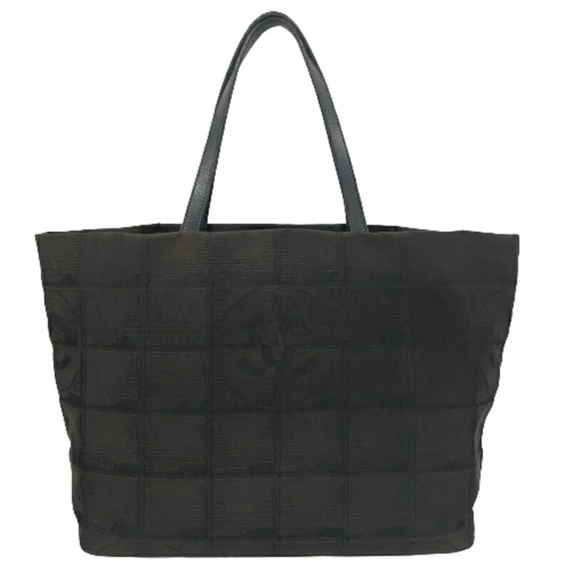 Chanel A47147 Travel Line Tote MM Black Brown Nylon Handbag Used